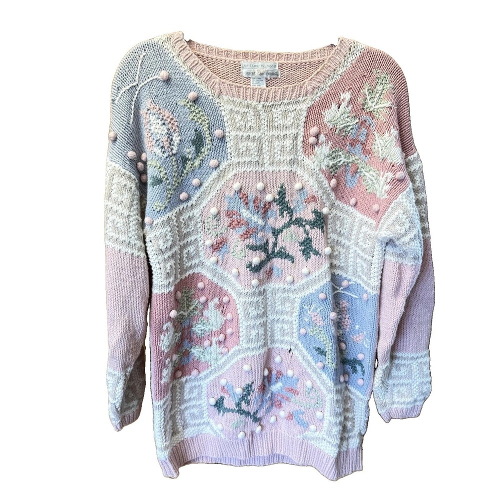 Vintage Jennifer Reed Hand Knitted Floral Pom Pom Sweater Pink Women's Medium